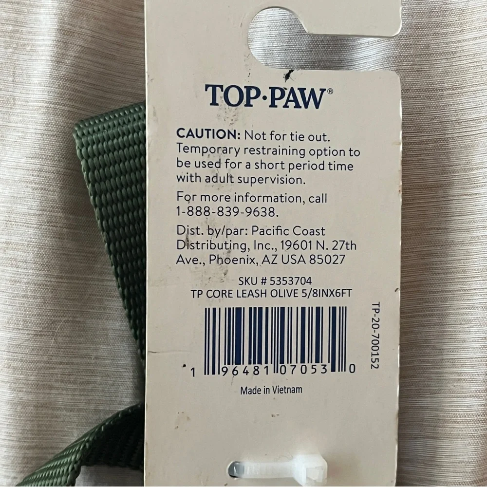 Top Paw 6 ft Long Olive Green Core Leash D Ring Silver Hardware Standard Leash